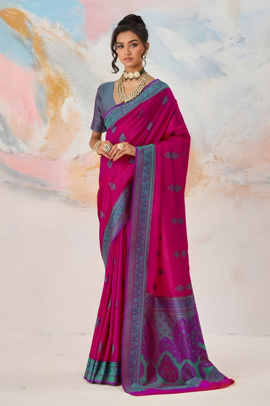 Rani Pink Pure Kanjivaram Weaving Silk Saree in Rani Pink with Teal Zari Border