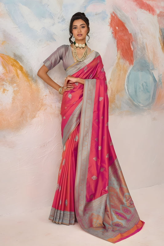 Pink Pure Kanjivaram Silk Saree Pink Silver Zari Border Traditional Banarasi Saree