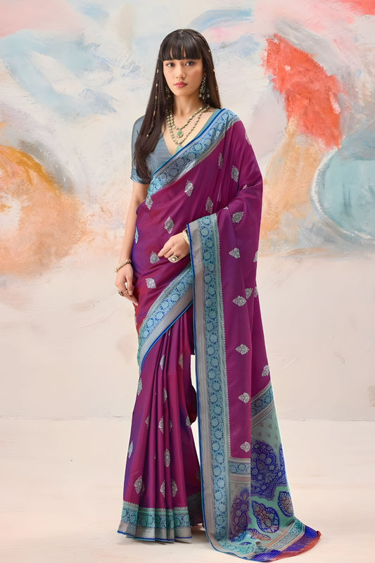 Purple Pure Kanjivaram Silk Saree Wine Purple with Blue Zari Border