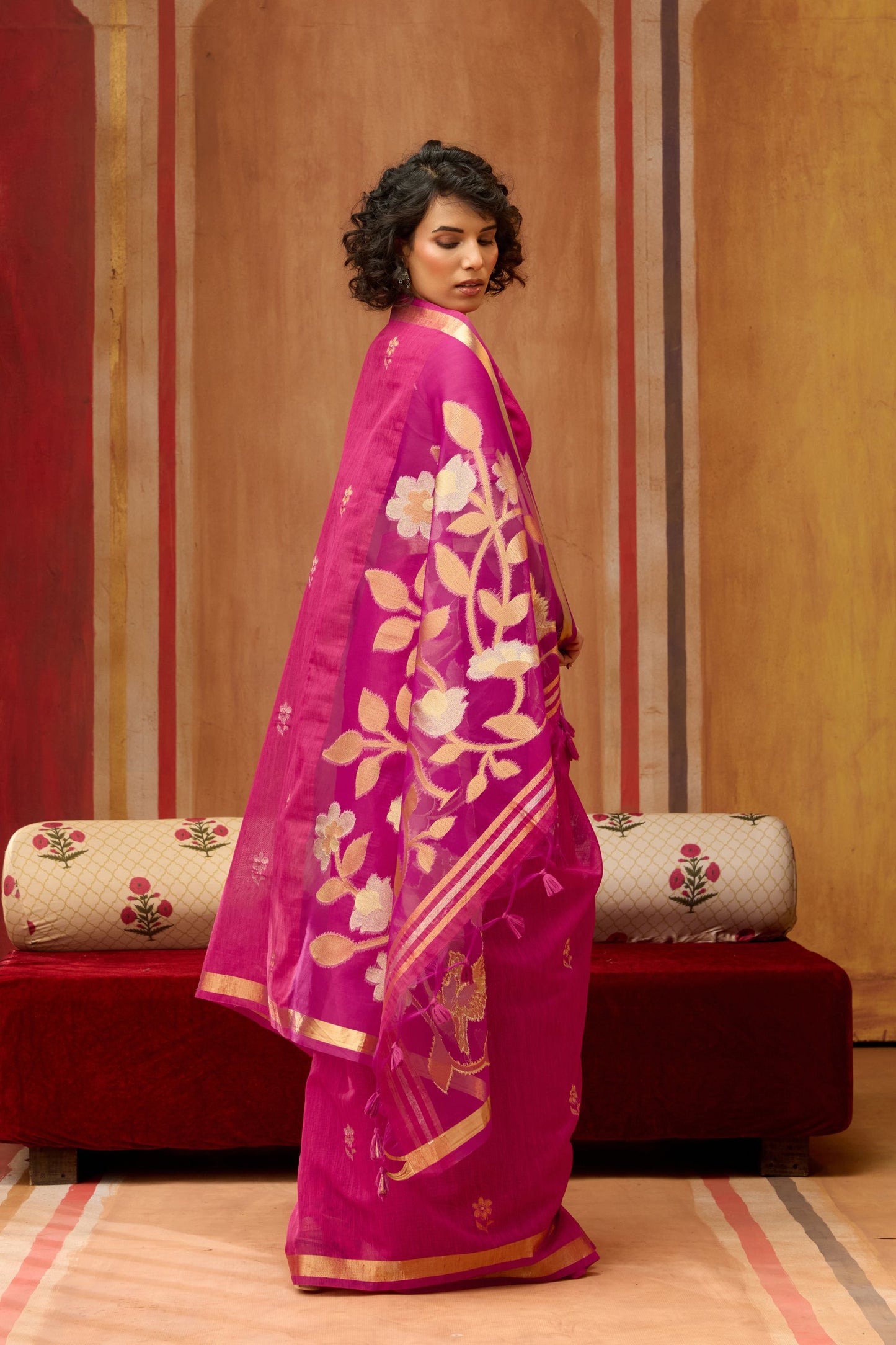 Rani Pink Silk Blend Saree with Gold Zari Border Floral Woven Pallu