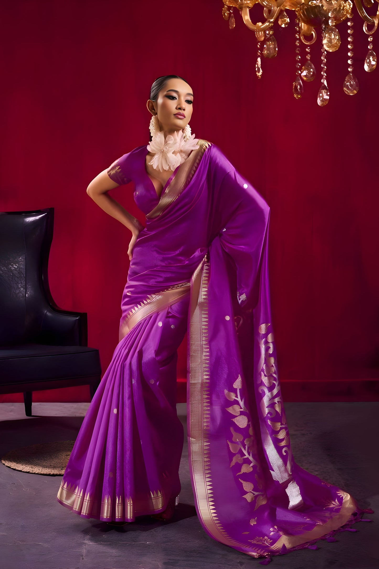 Royal Purple Silk Saree Designer Saree with Gold Zari Border