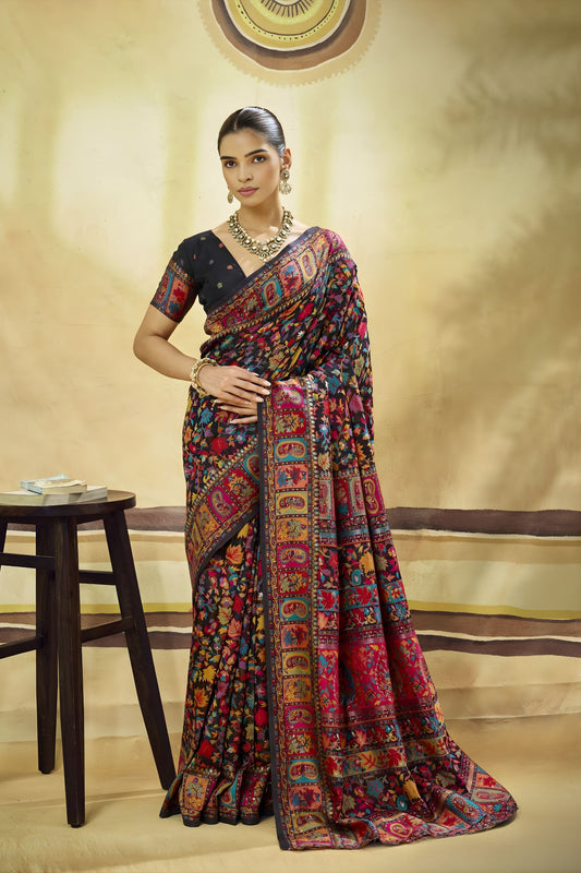 Elegant Black Kashmiri Silk Pashmina Weaving Saree for Women
