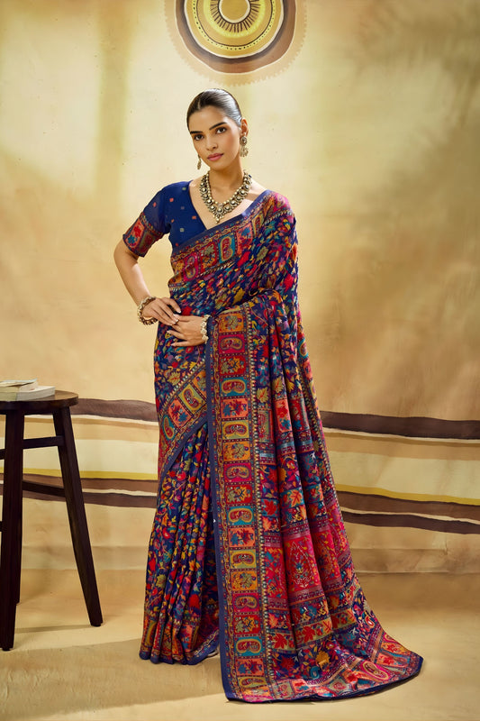 Royal Navy Blue Kashmiri Silk Pashmina Weaving Saree for Women