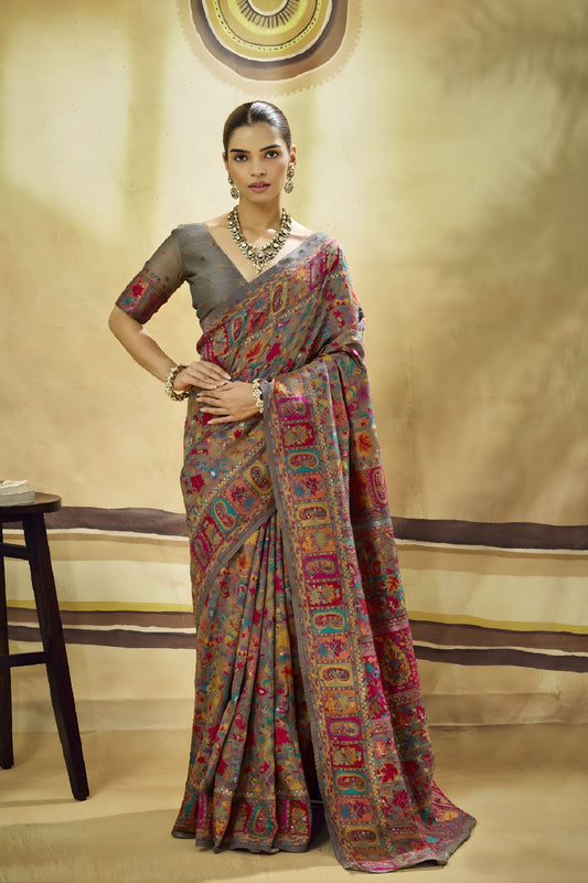 Stylish Grey Kashmiri Silk Pashmina Weaving Saree for Women