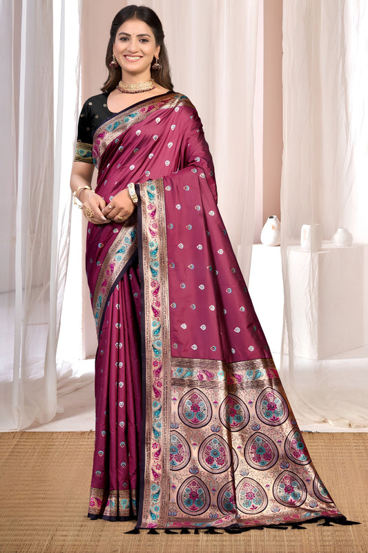 Regal Wine Soft Silk Designer Saree with Zari Weaving Work for Women