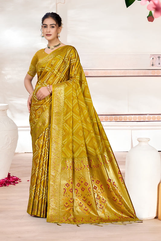 Opulent Mustard Yellow Silk Bandhani Saree Zari Weaving Work for Women