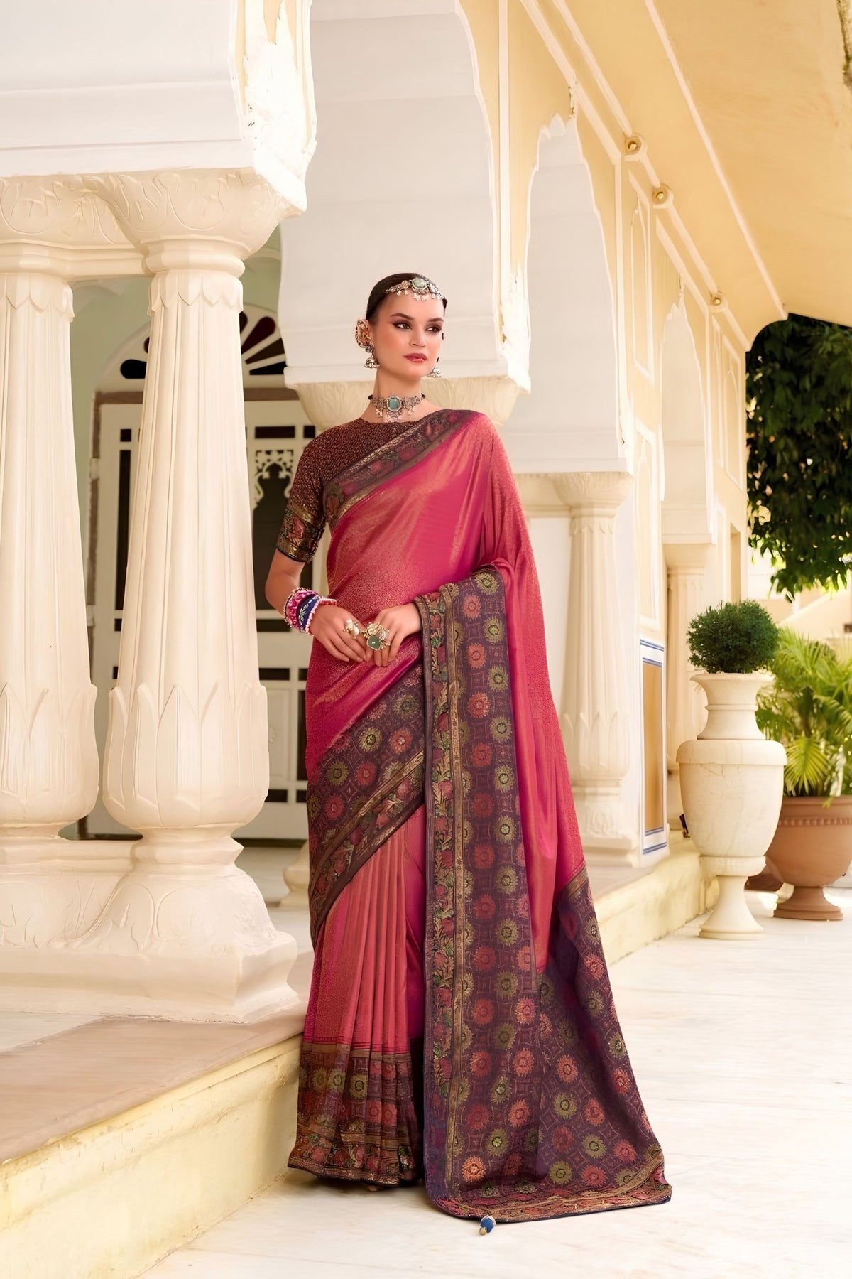 Beautiful Rani Pink Tissue Satin Saree with Multicolor Woven Border
