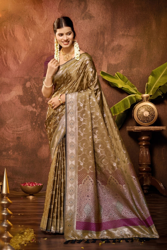 Graceful Olive Green Satin Silk Woven Work Saree Designer Border for Women