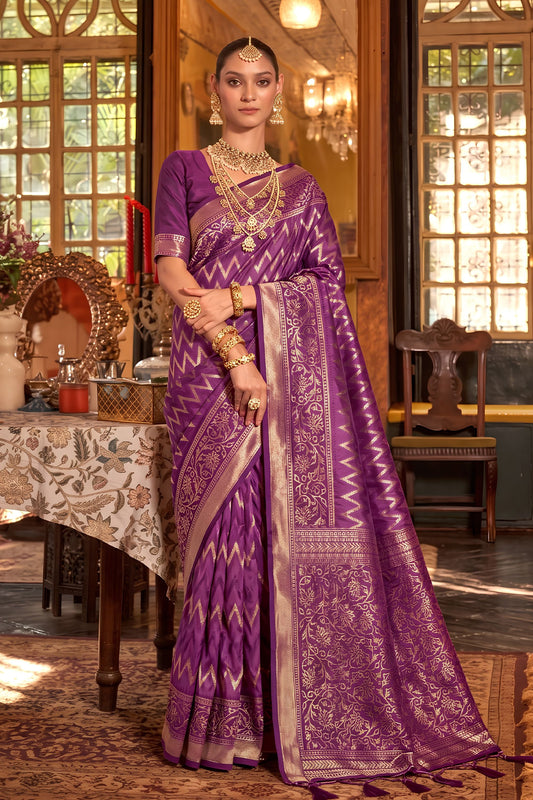 Royal Purple Silk Saree Zigzag Weaving for Women