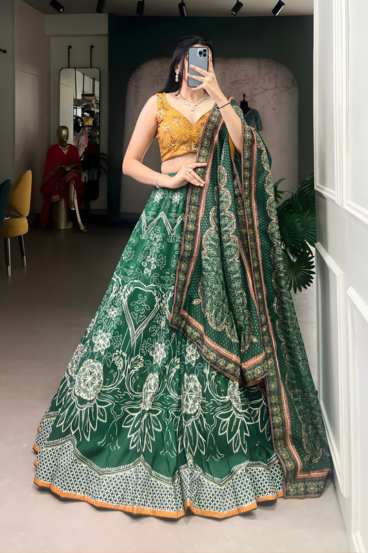 Awesome Bottle Green Floral Printed Vaishali Silk Lehenga Choli with Designer Dupatta for Wedding