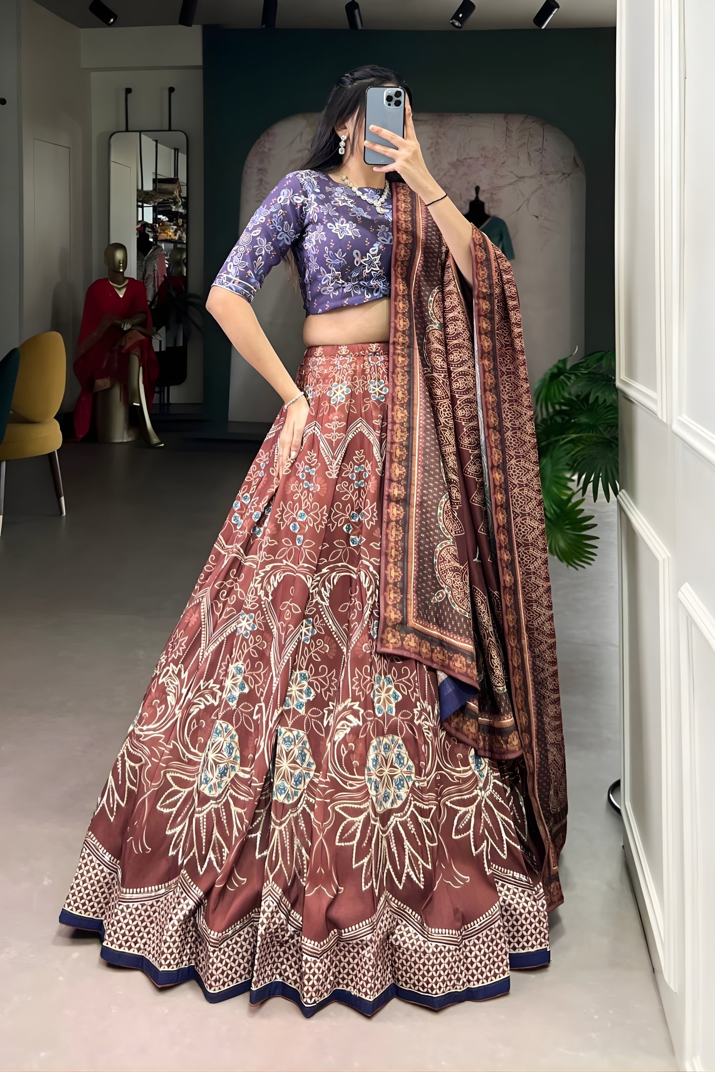 Stylish Maroon Floral Printed Lehenga Choli with Designer Dupatta for Wedding