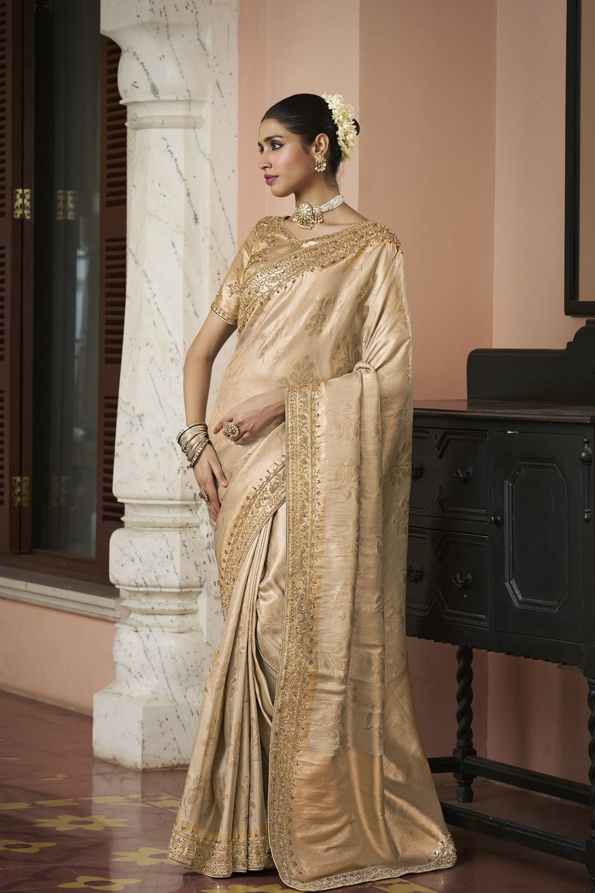Luxurious Beige Kanjivaram Soft Silk Saree with Beads Work for Women