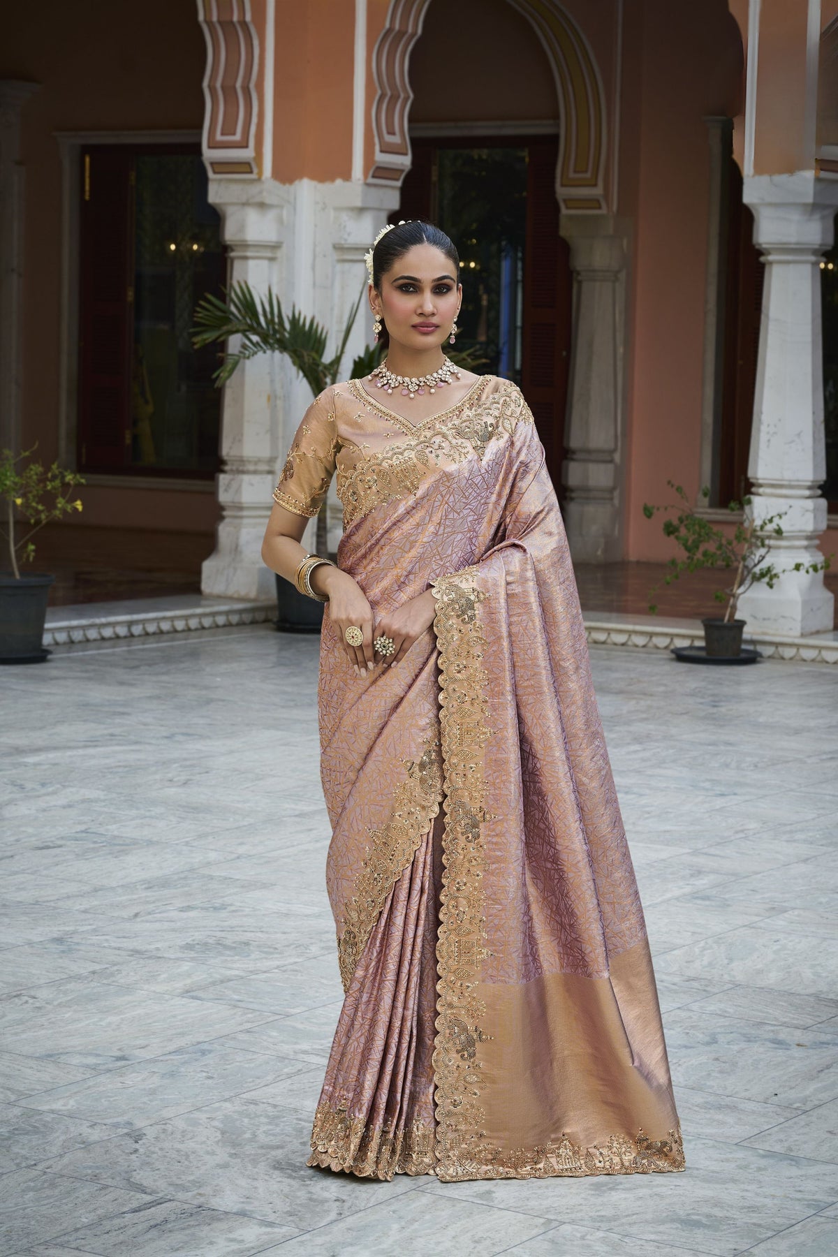 Enchanting Lavender Kanjivaram Soft Silk Saree with Beads Work for Women