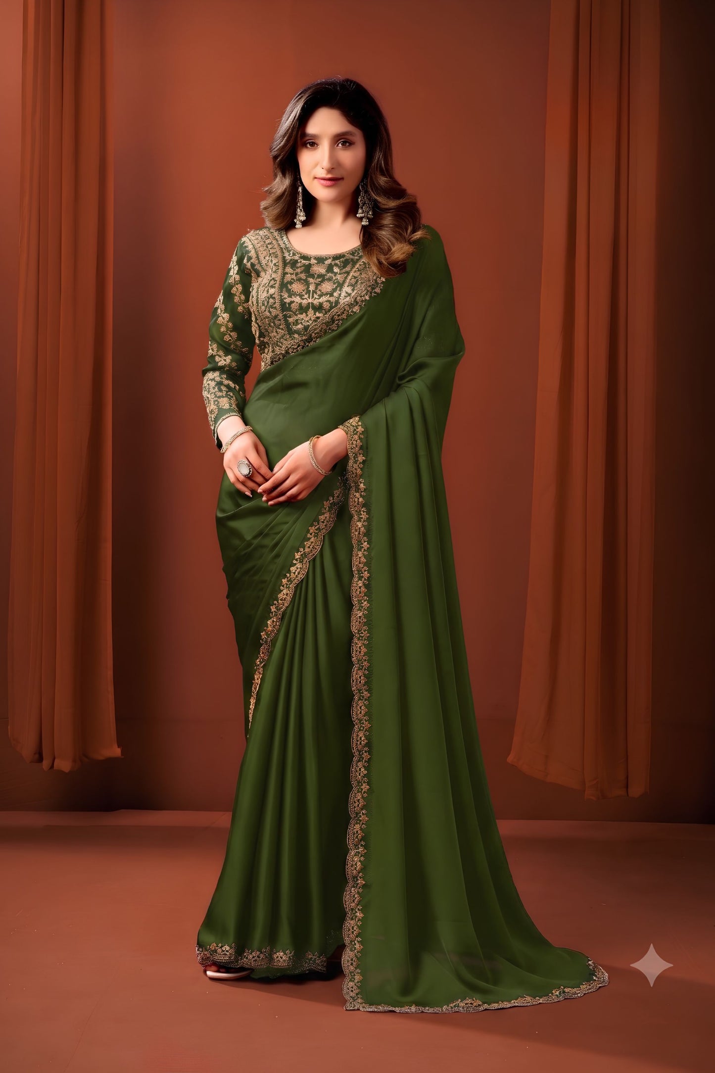 Designer Olive Green Satin Silk Fancy Work Saree for Women