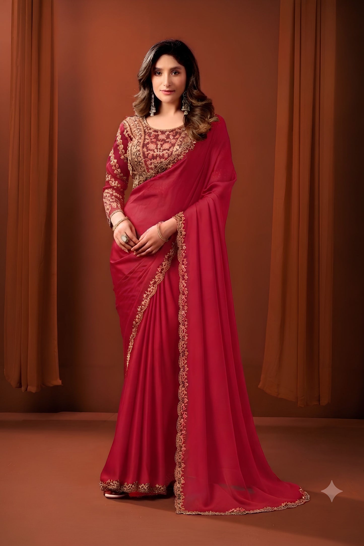 Beautiful Rani Pink Satin Silk Fancy Work Saree for Women