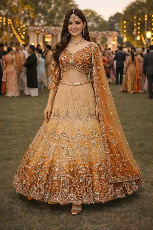 Stunning Orange Embroidered Readymade Net Lehenga Choli with Dupatta for Women
