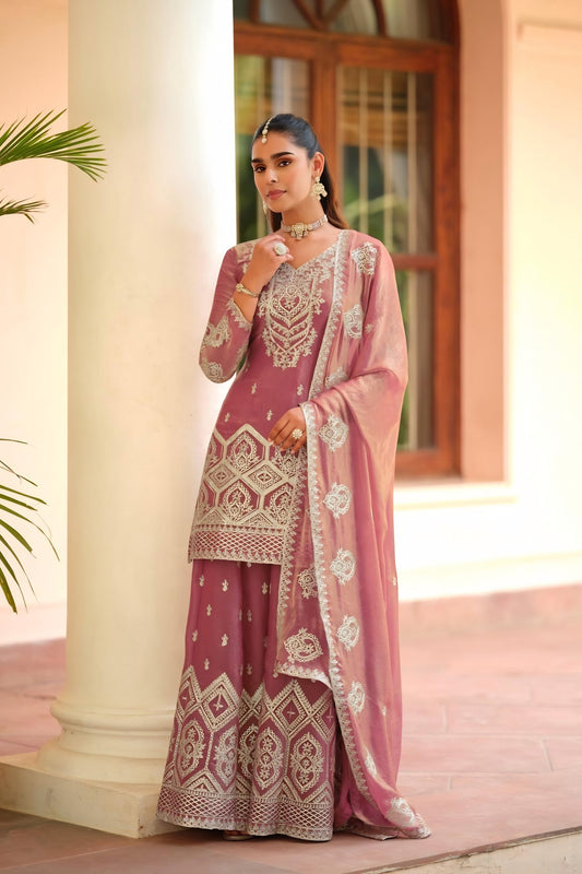Elegant Dusty Rose Pink Embroidered Tora Silk Party Wear Palazzo Suit with Dupatta