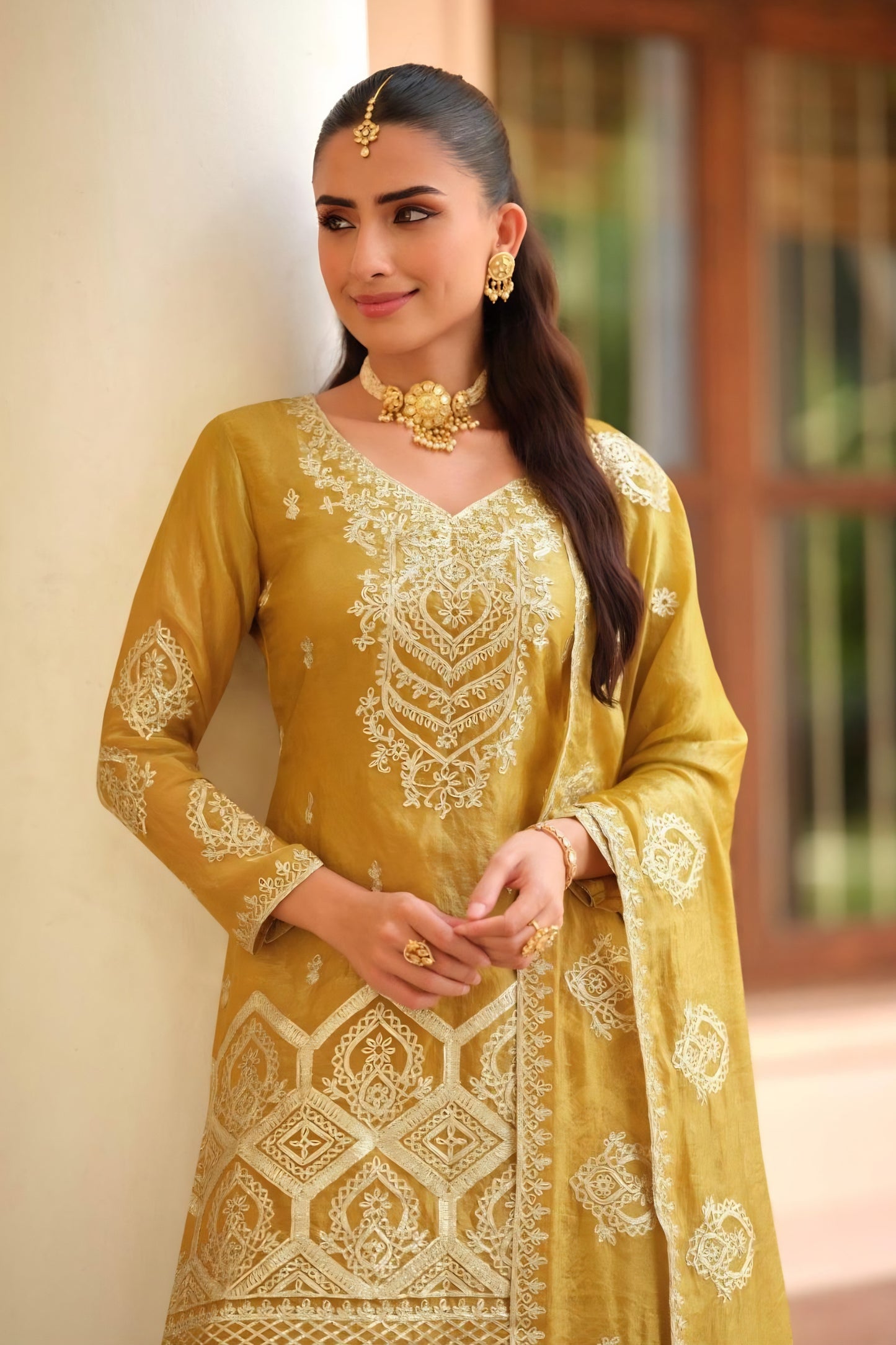 Stylish Mustard Yellow Embroidered Tora Silk Party Wear Palazzo Suit with Dupatta