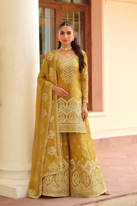 Stylish Mustard Yellow Embroidered Tora Silk Party Wear Palazzo Suit with Dupatta