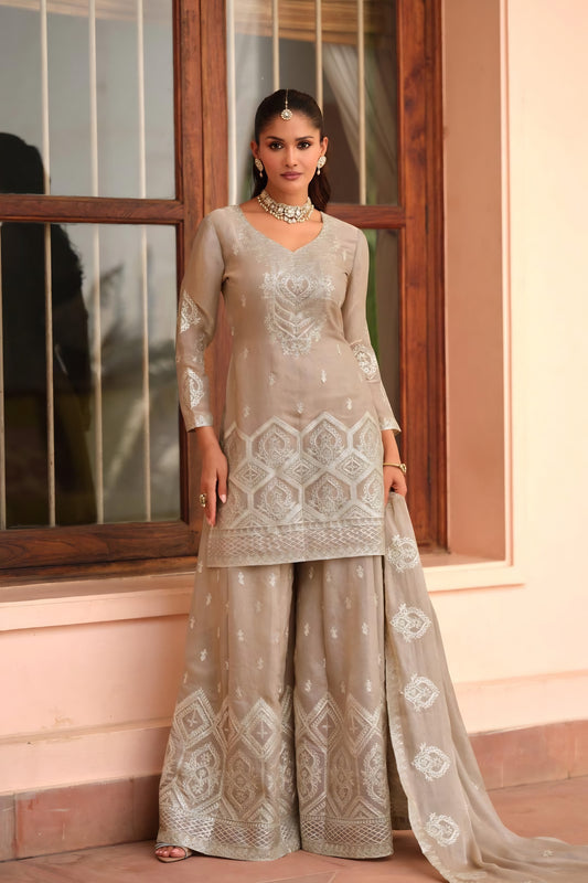 Amazing Grey Embroidered Tora Silk Party Wear Palazzo Suit with Dupatta