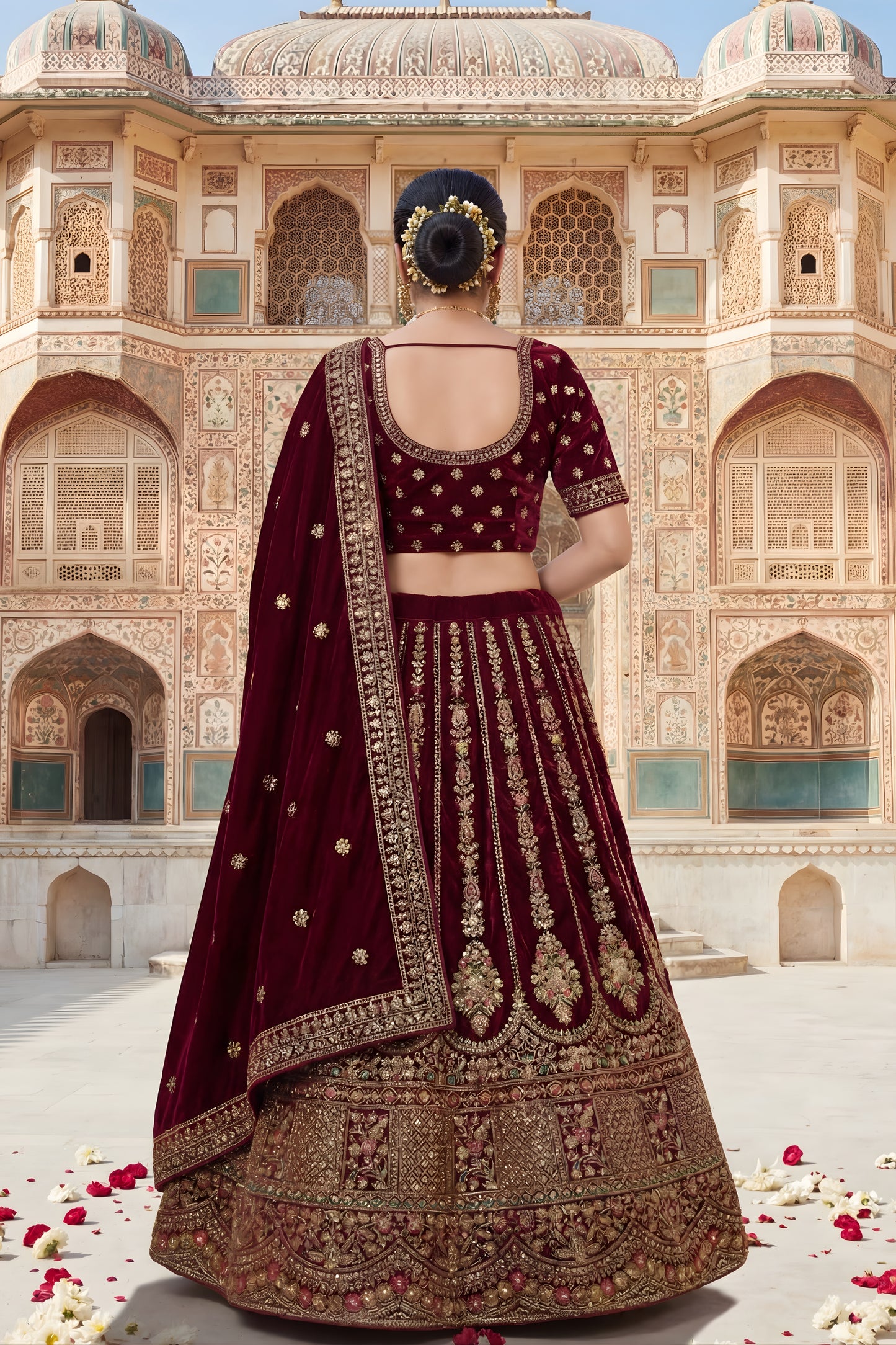Awesome Maroon Velvet Designer Lehenga Choli with Embroidery Work and Designer Dupatta for Wedding
