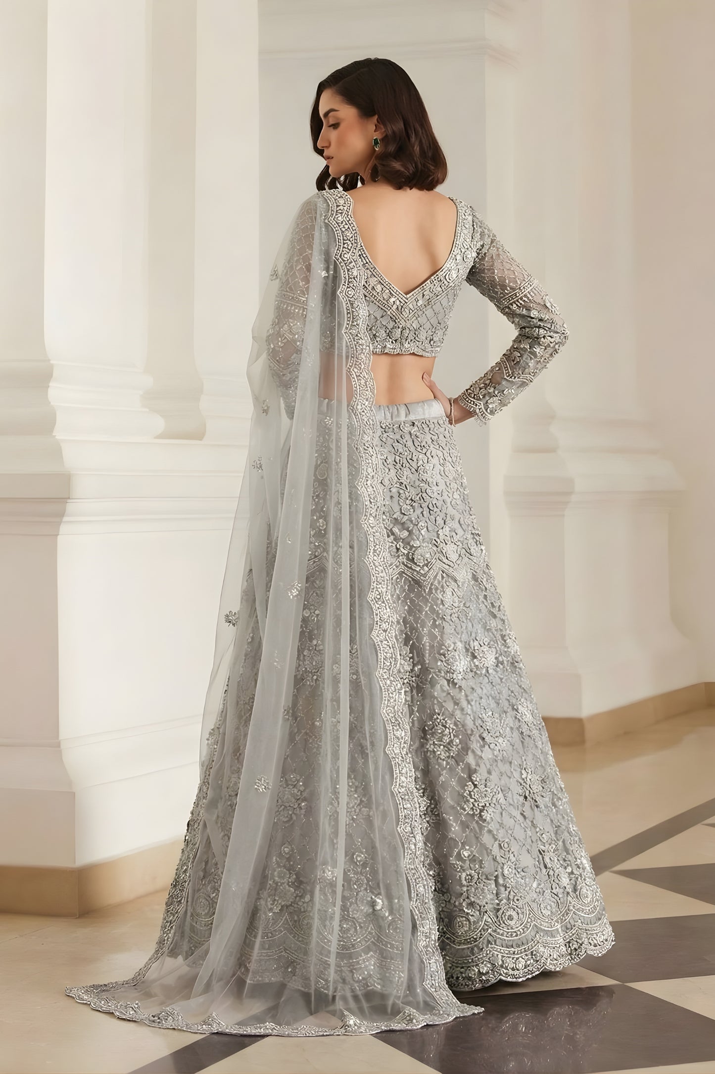 Luxury Grey Butterfly Net Embroidered Lehenga Choli for Wedding