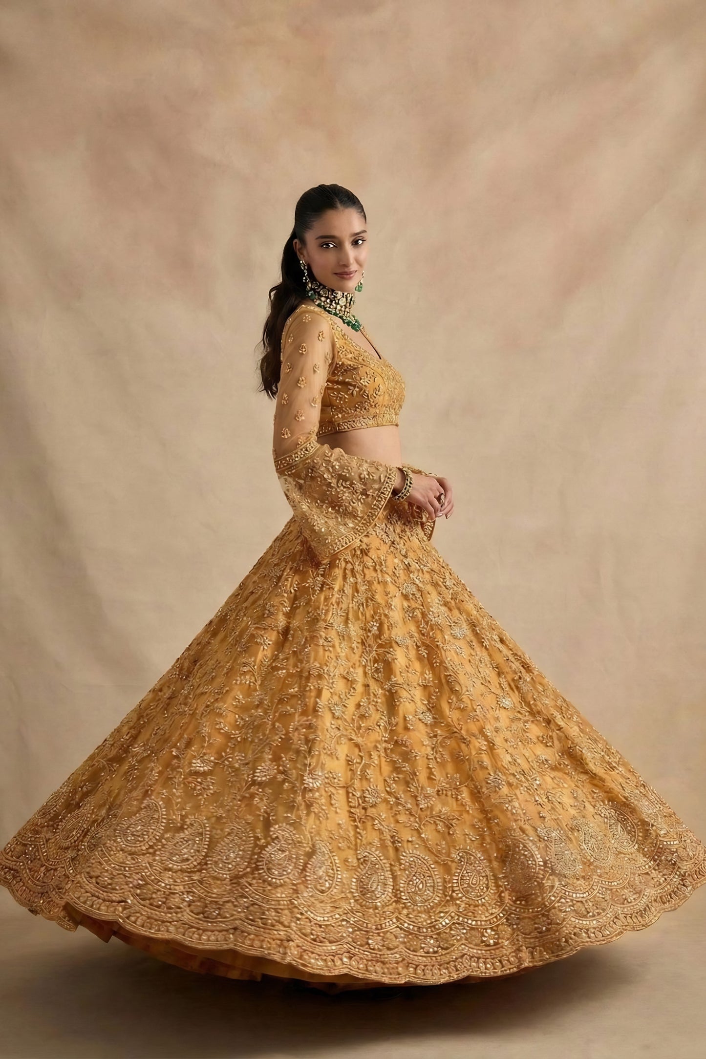 Luxury Mustard Yellow Butterfly Net Embroidered Lehenga Choli with Dupatta for Women