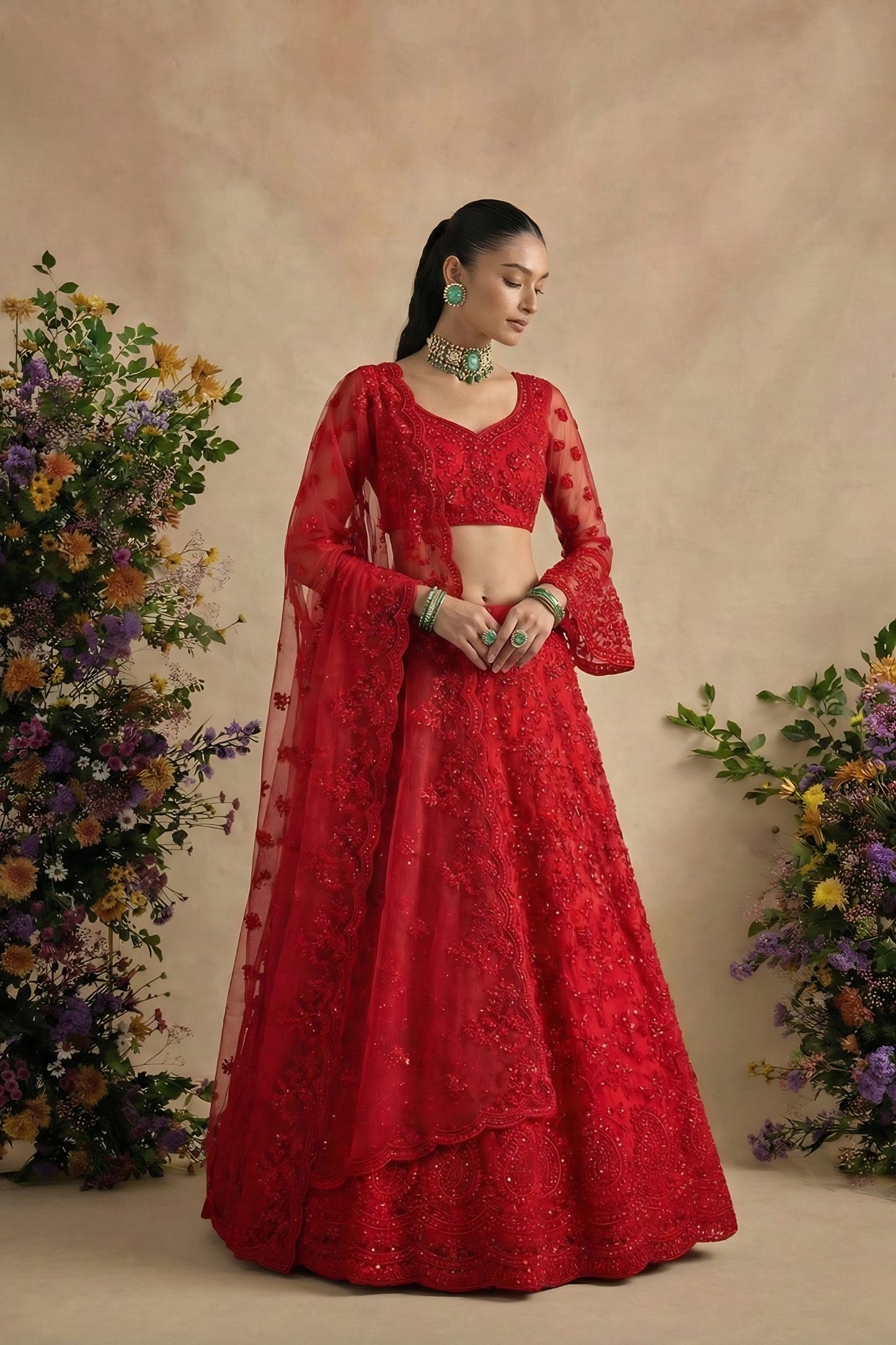 Traditional Red Butterfly Net Embroidered Lehenga Choli with Dupatta for Women
