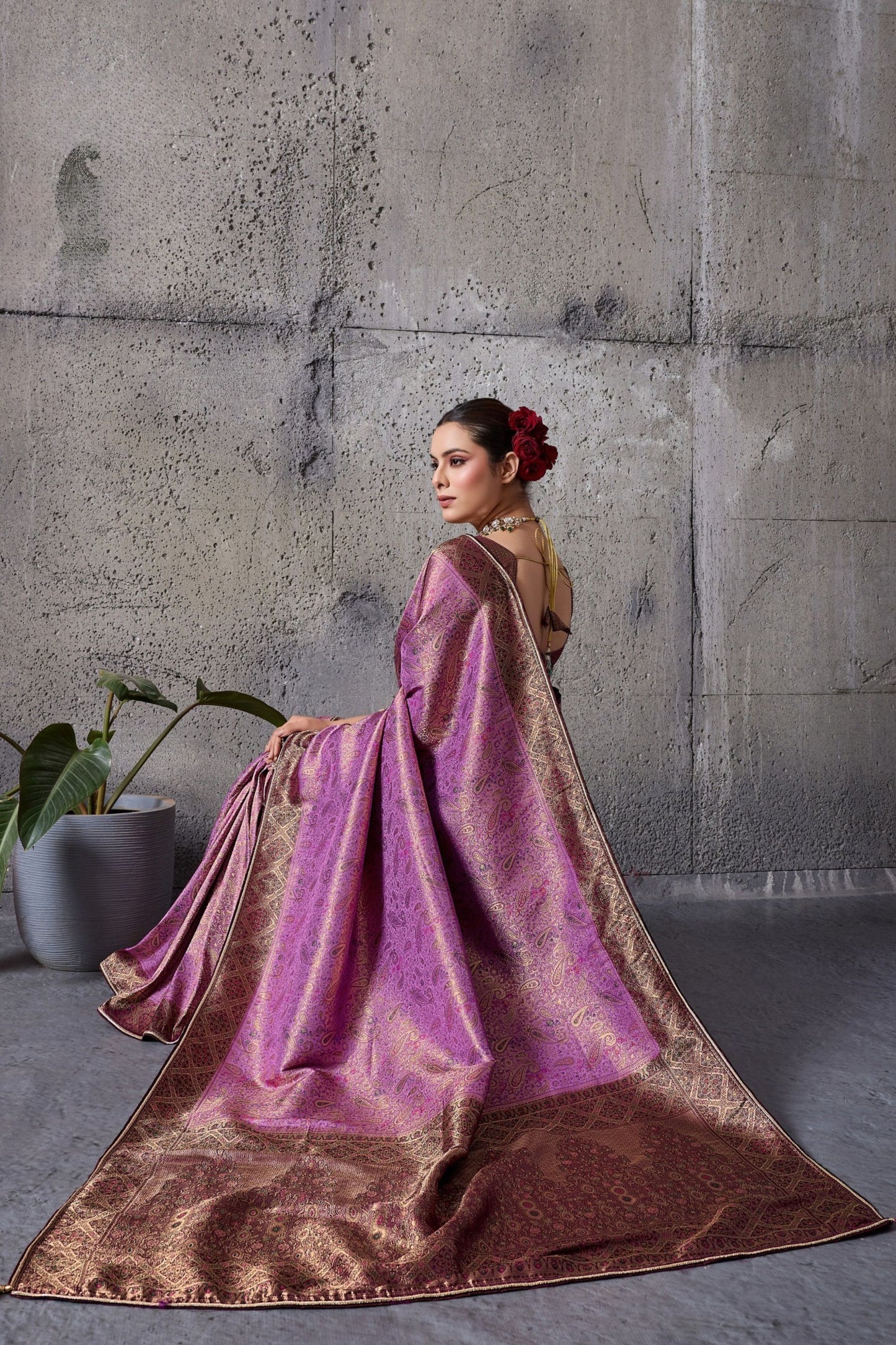 Purple Banarasi Silk Saree with Maroon Zari Border Traditional Saree