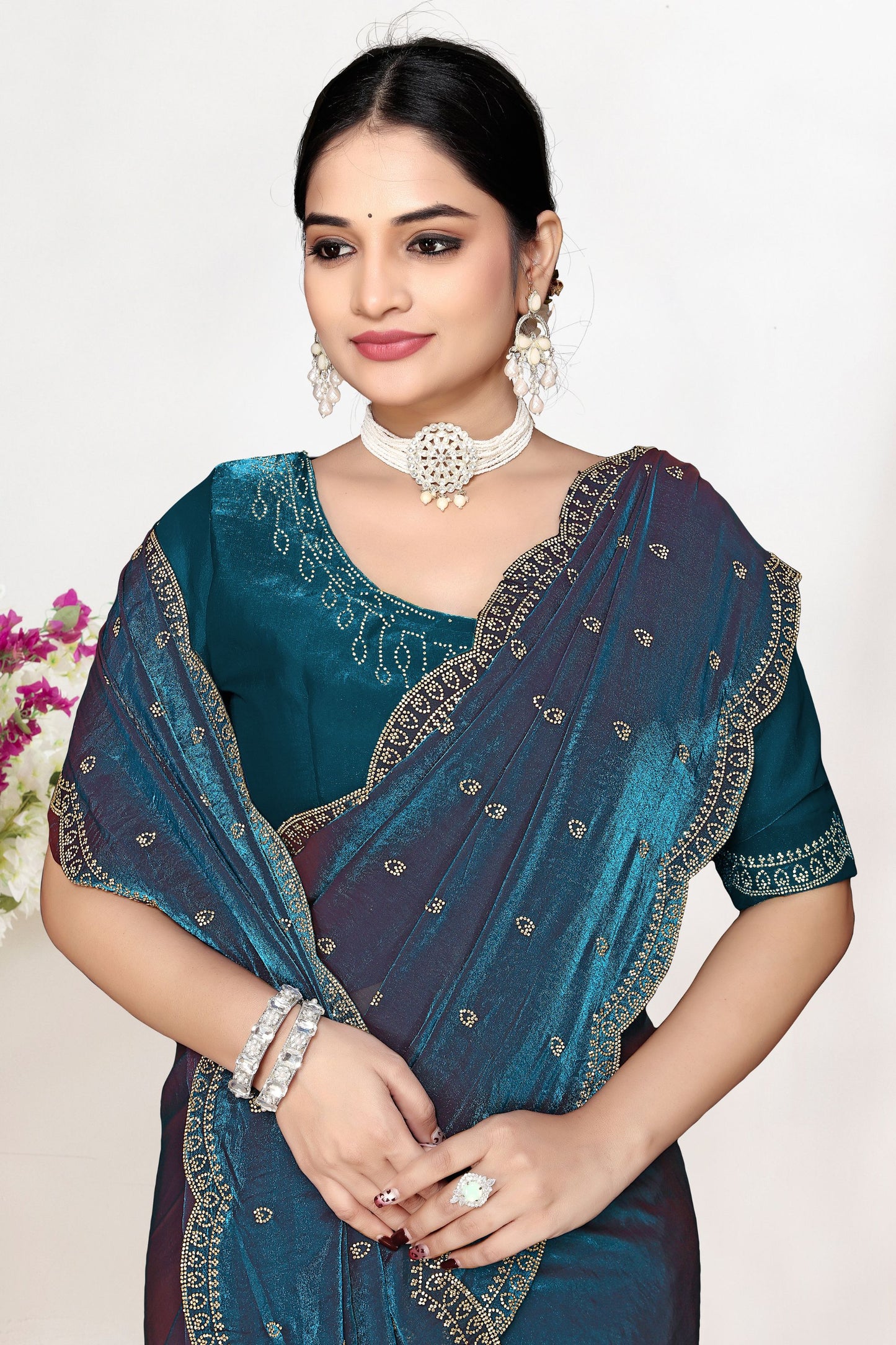 Teal Blue Dual Tone Silk Saree with Zari Embroidered Border Buti Work
