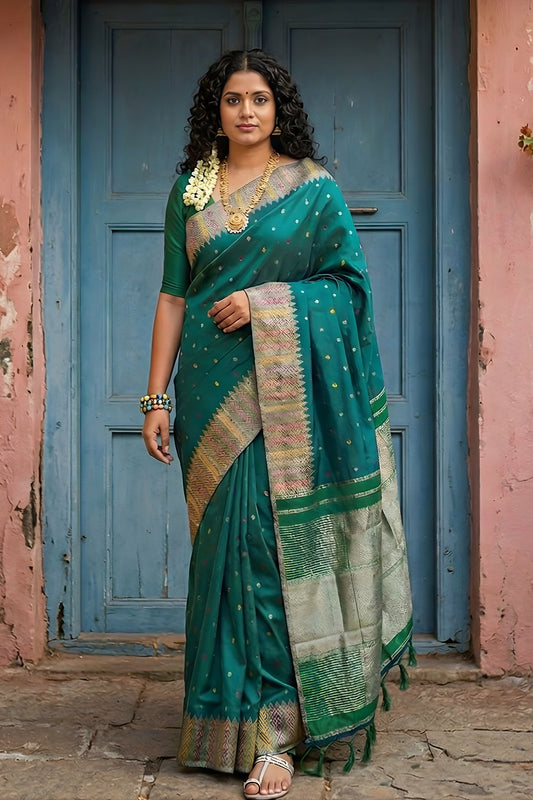 Teal Green Silk Saree with Traditional Zari Border Buti Design