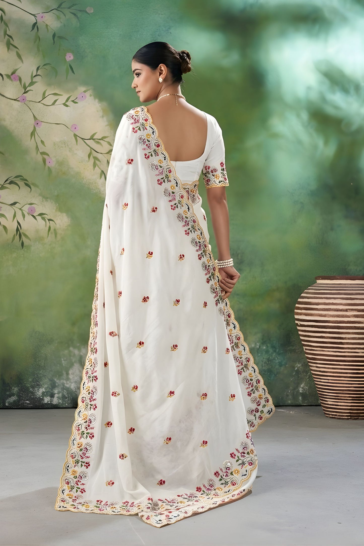 Off White Floral Embroidered Saree with Designer Border and Blouse