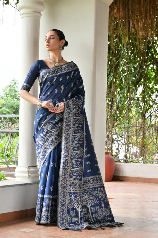 Elegant Navy Blue Cotton Silk Saree with Traditional Woven Border