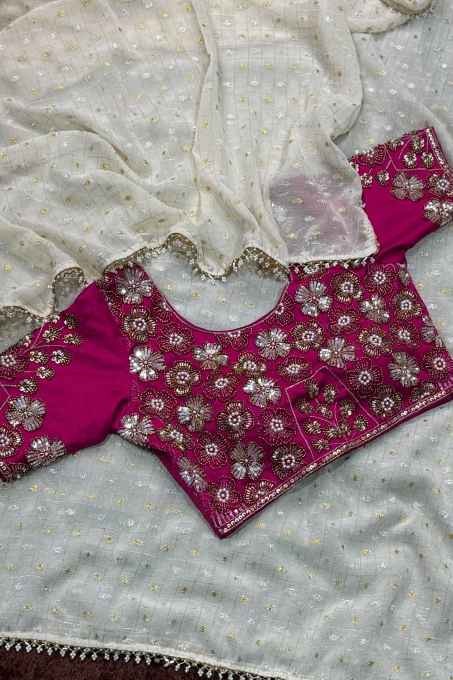 Off White Georgette Saree Golden Butti Designer Magenta Floral Embroidered Blouse