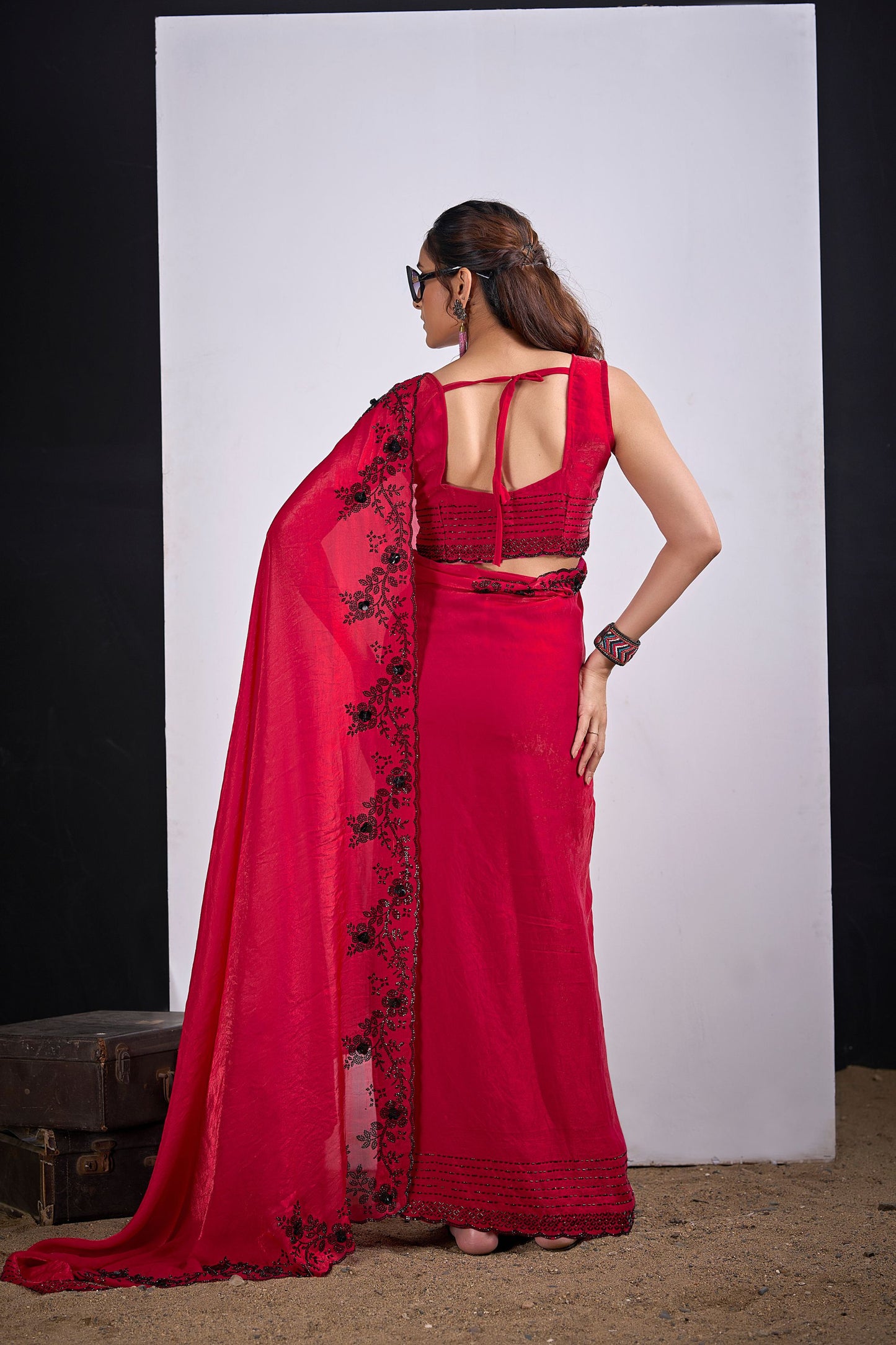 Rani Pink Organza Silk Saree Black Floral Embroidery Designer Saree