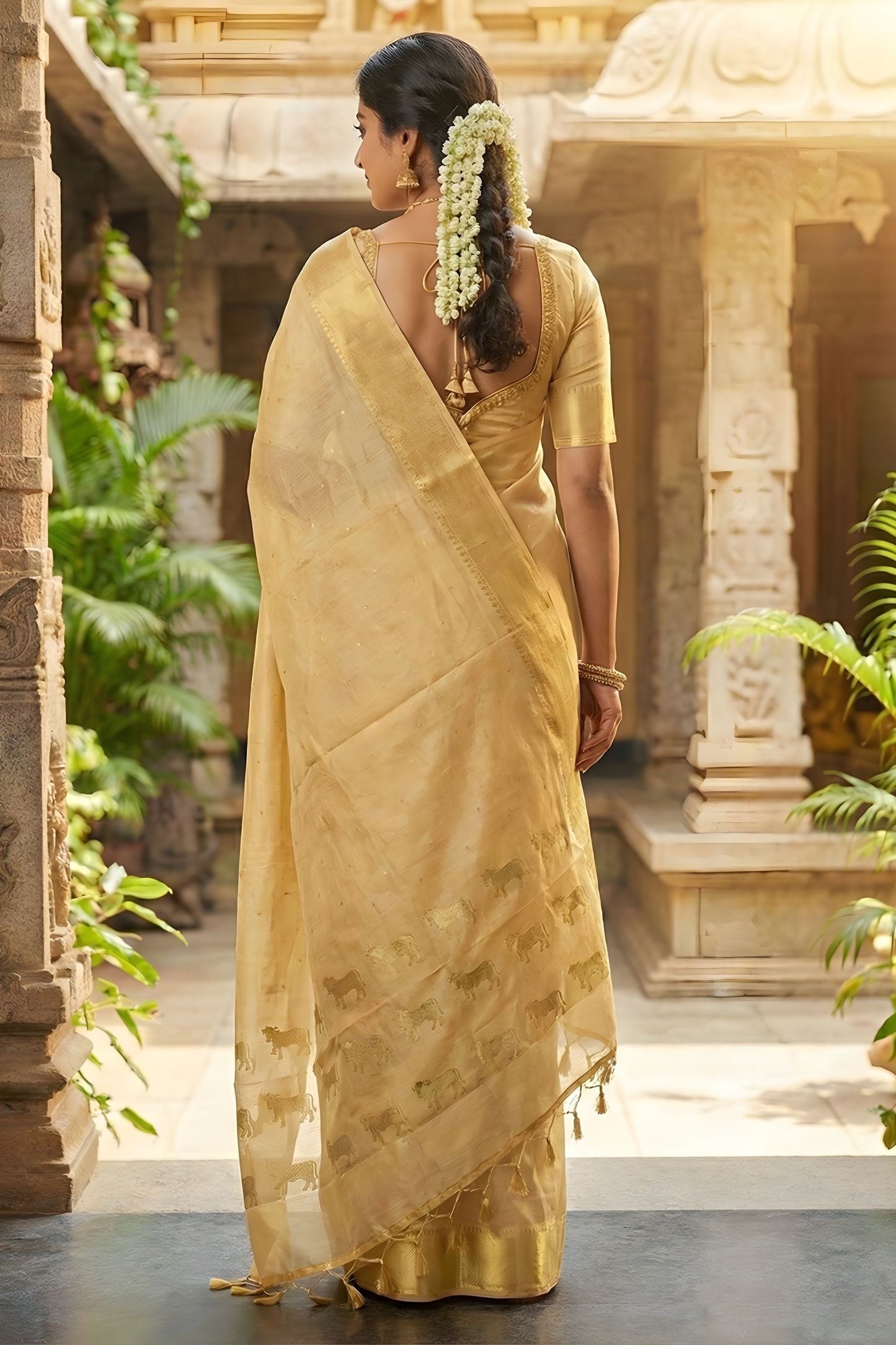 Royal Beige Kanjivaram Silk Saree Gold Zari Border Traditional Motif Pallu