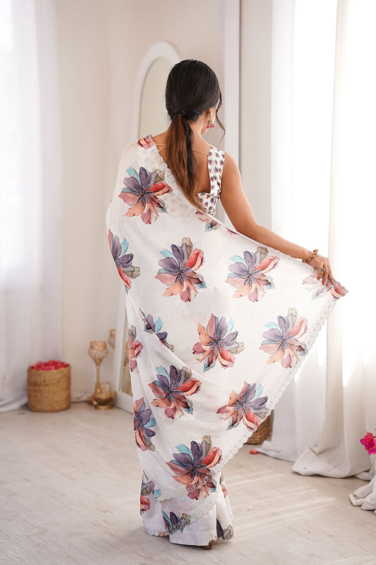 White Floral Digital Printed Linen Saree with Designer Lace Border