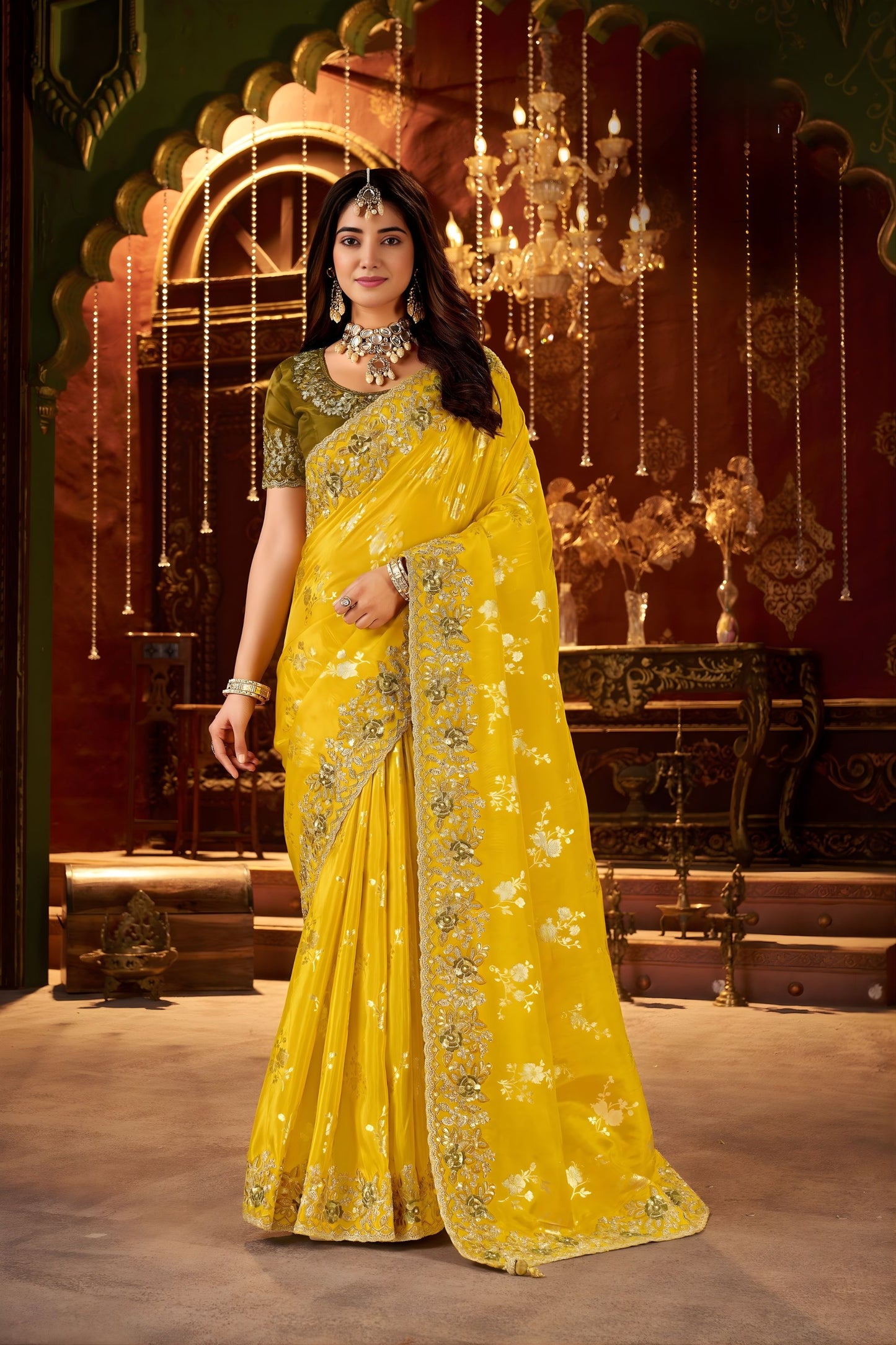 Yellow Silk Saree with Gold Embroidery Designer Blouse Festive Wear Saree