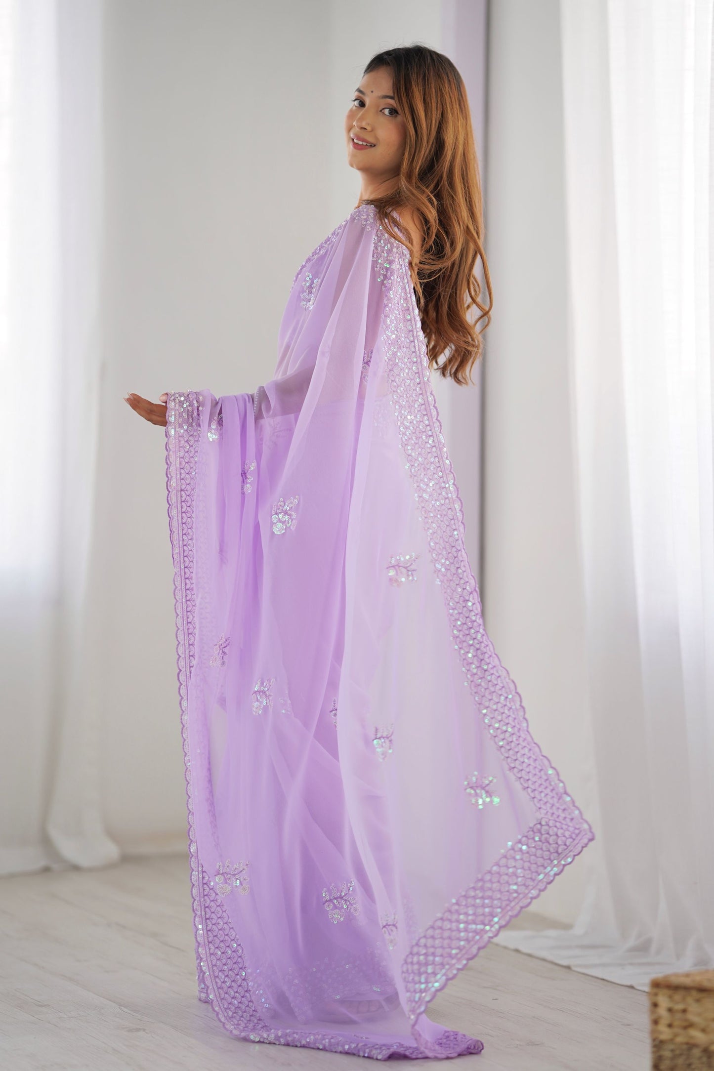 Lavender Georgette Saree with Sequin Embellishments and Designer Blouse
