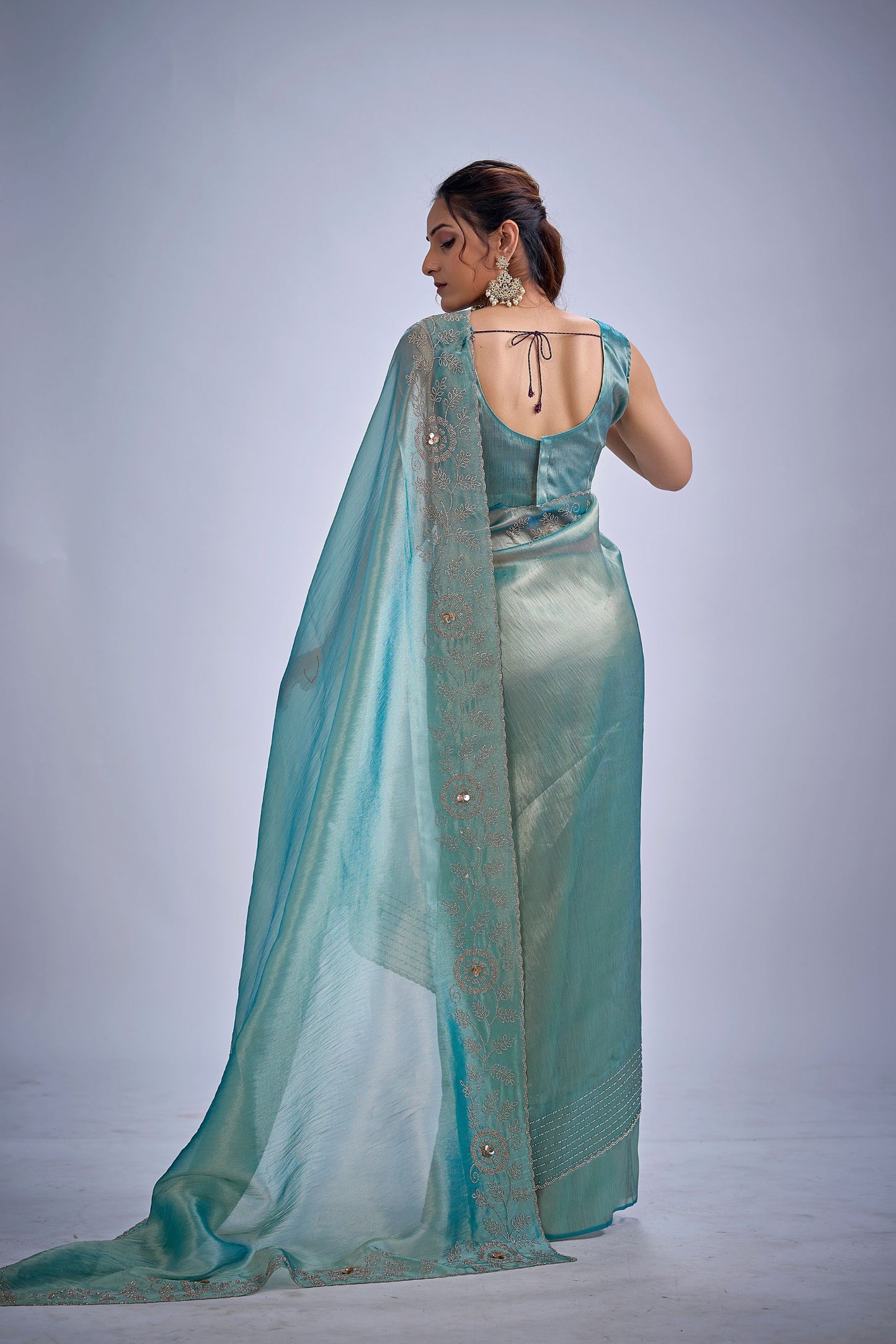 Sea Green Silk Saree with Zari Embroidery Designer Blouse