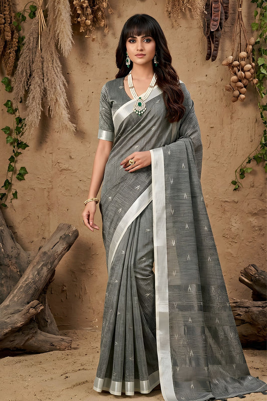 Grey Cotton Linen Saree with Woven Motifs Silver Zari Border