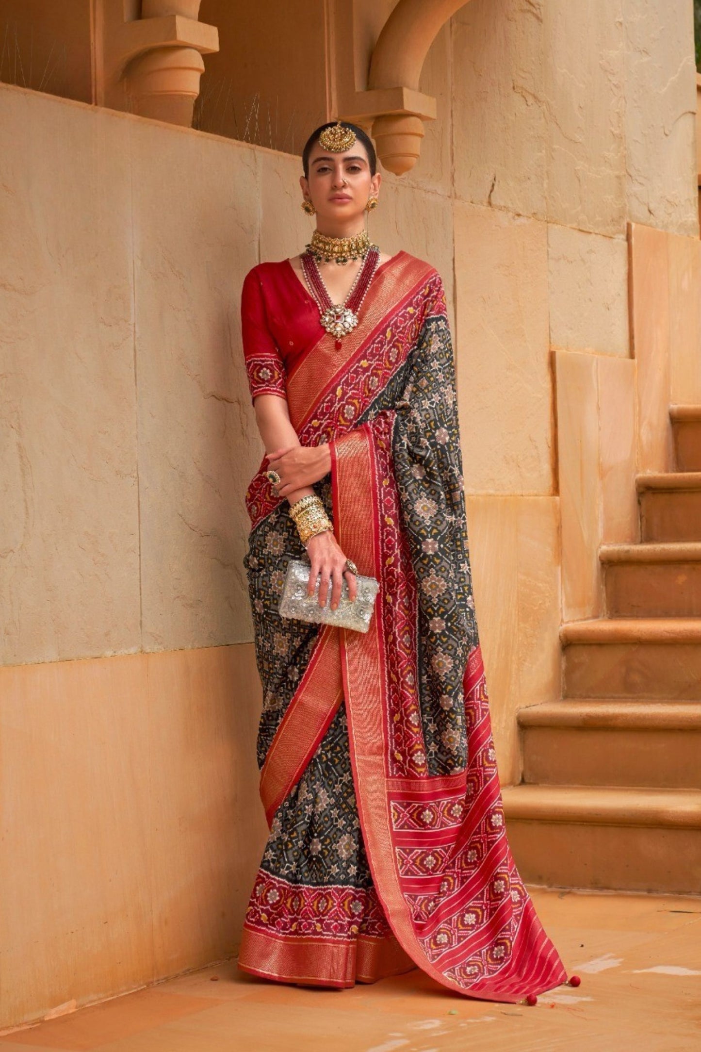 Black and Red Printed Linen Silk Saree with Designer Border
