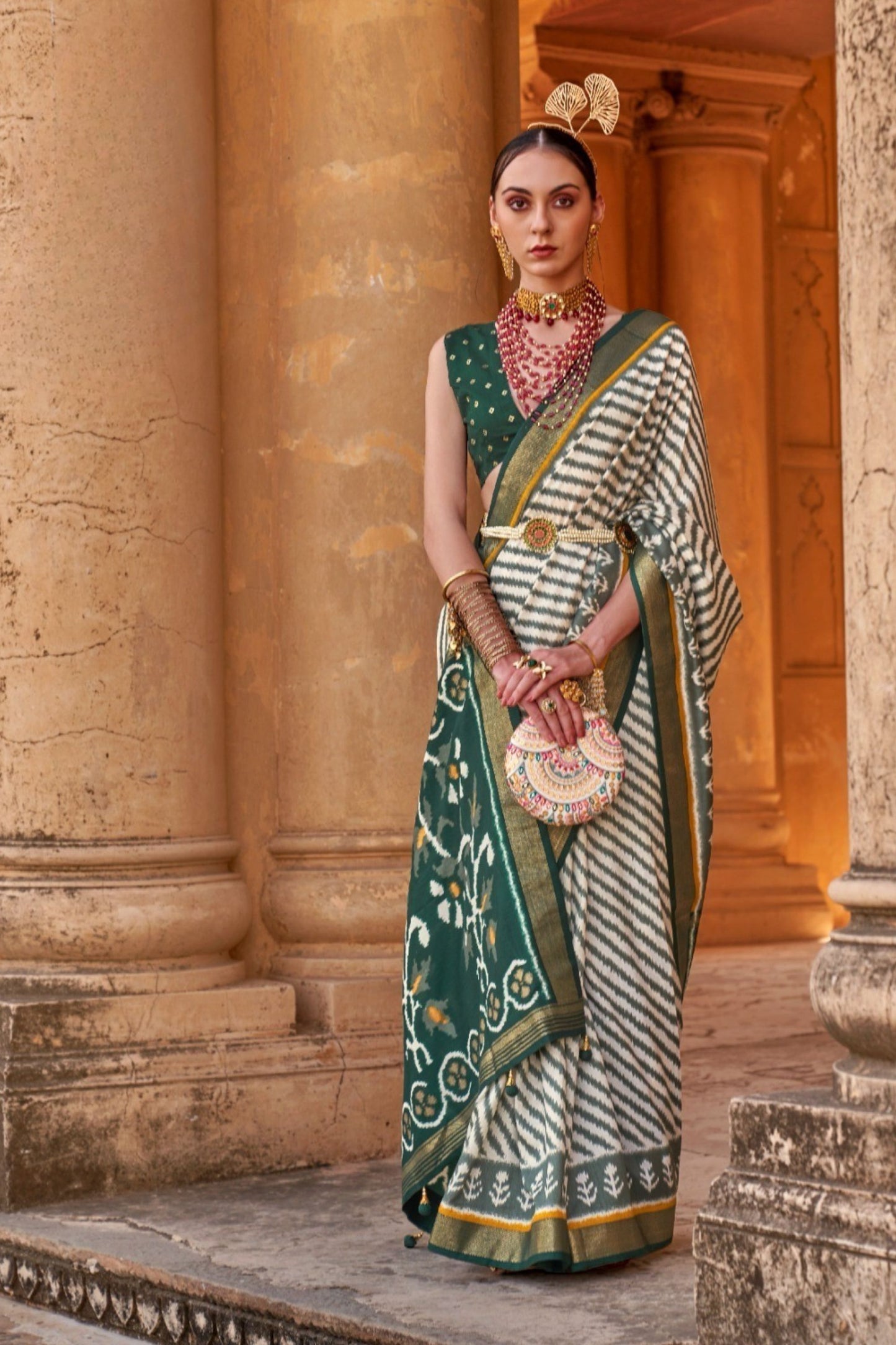 Green White Patola Silk Saree Traditional Ikat Print Zari Border