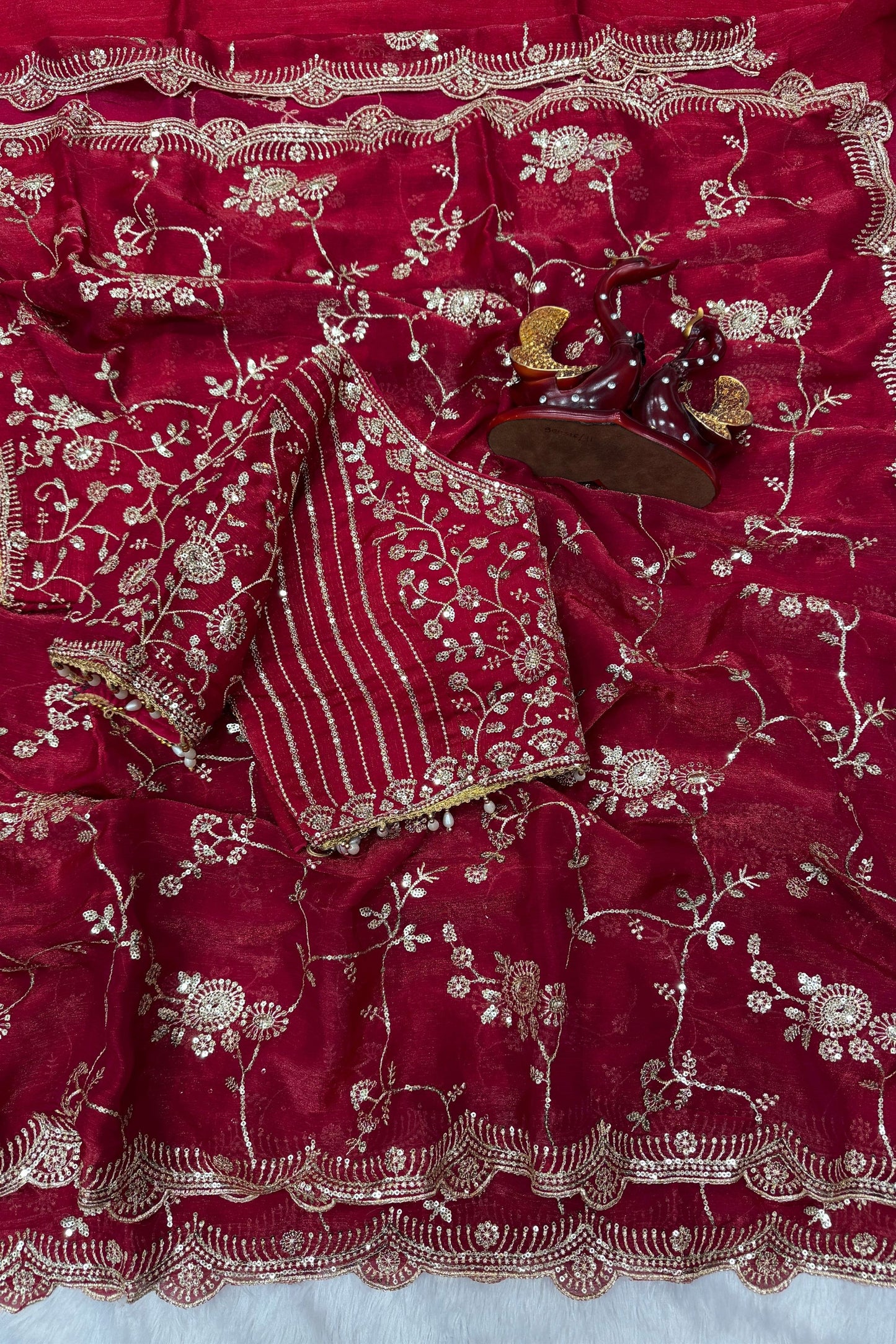 Wine Red Organza Saree Heavy Sequins Embroidery Designer Blouse