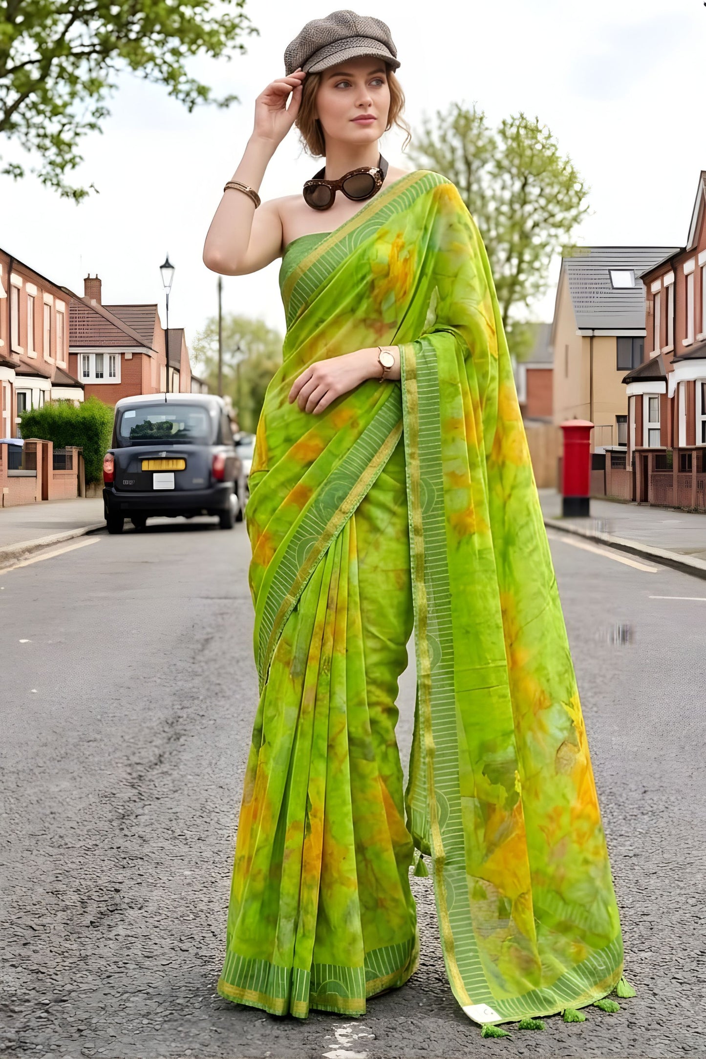 Lime Green Floral Printed Saree Border Casual Wear Saree