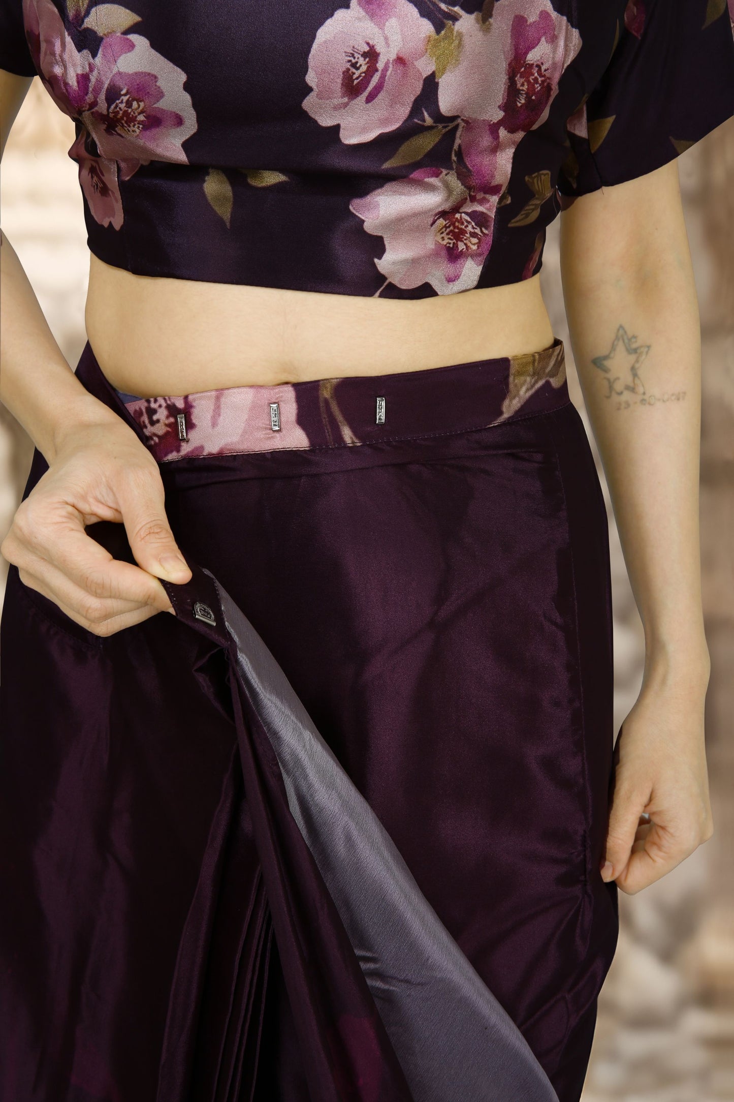 Purple Satin Floral Printed Saree with Matching Blouse Party Wear