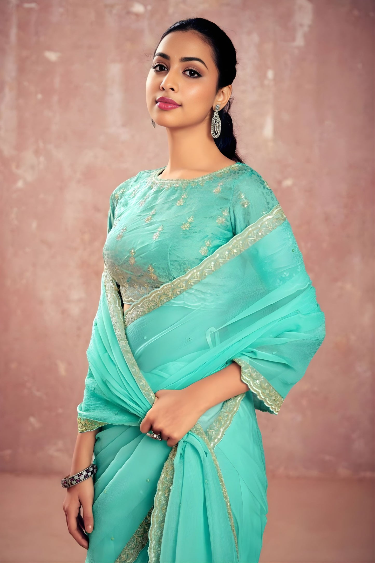 Sea Green Georgette Saree Golden Embroidered Border Designer Blouse