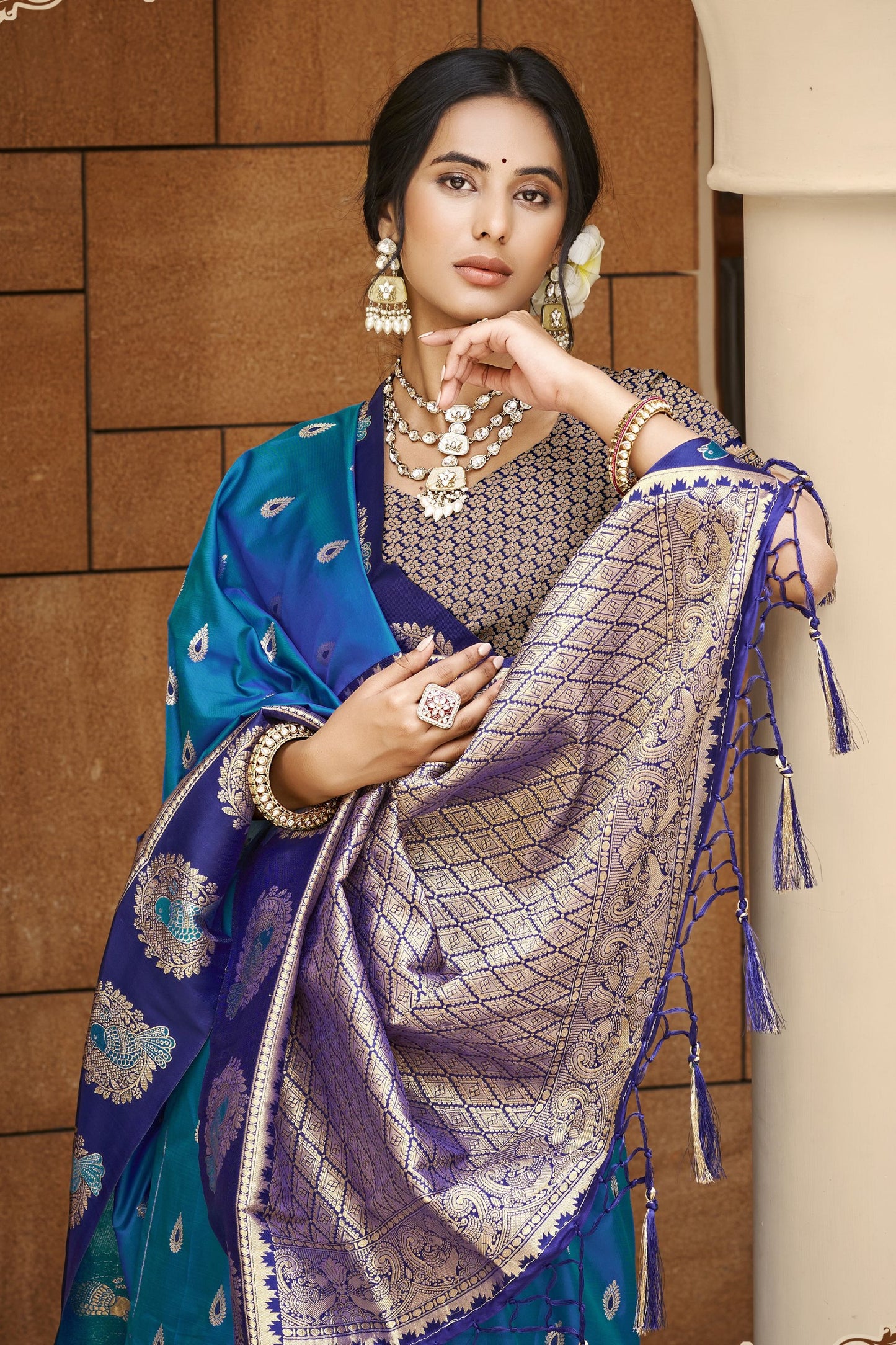 Teal Blue Navy Banarasi Silk Saree Silver Zari Peacock Motifs Saree