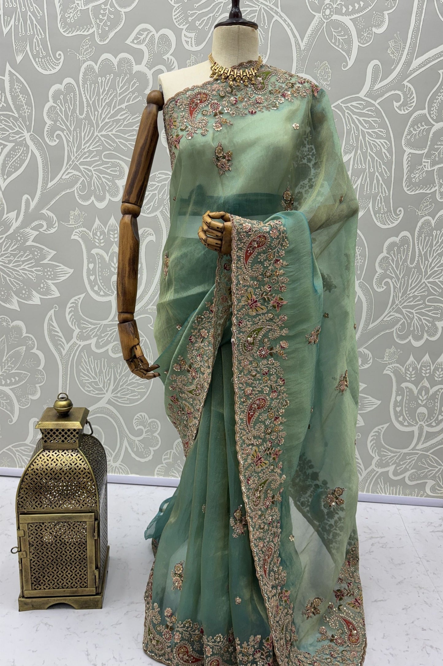 Sea Green Organza Silk Saree with Heavy Embroidery Designer Border