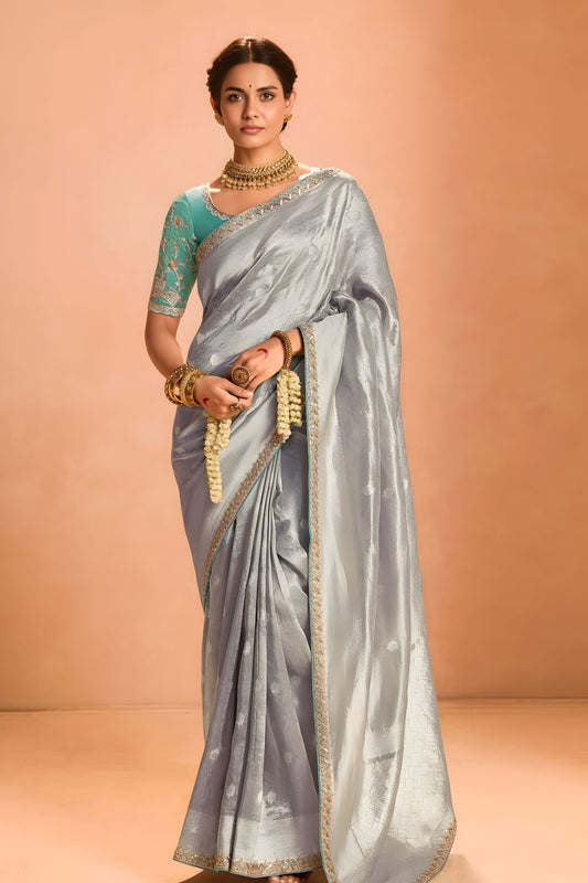 Silver Grey Soft Silk Saree with Zari Border Designer Blouse